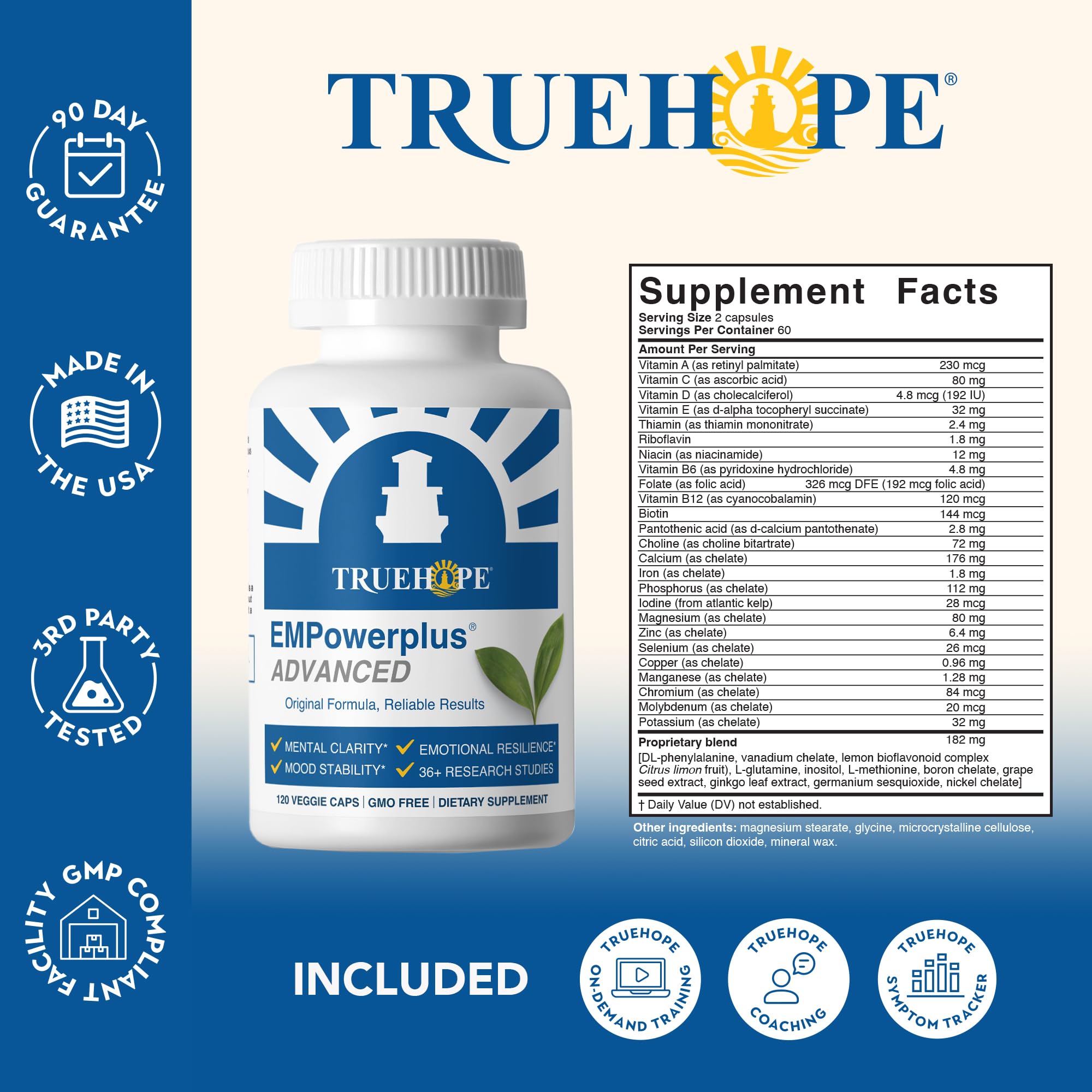 Truehope EMPowerplus label detail emphasizing 36 nutrient blend for balance