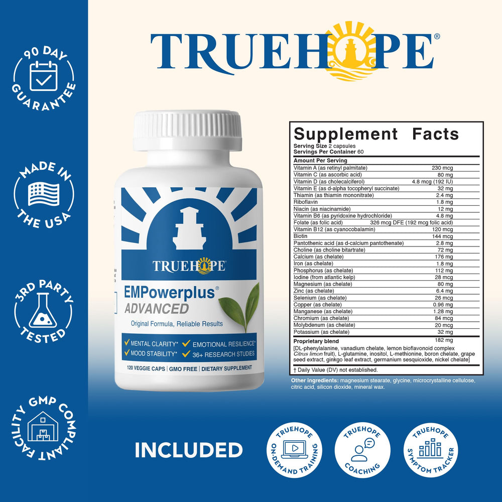 Truehope EMPowerplus label detail emphasizing 36 nutrient blend for balance
