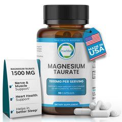TRUEMED magnesium taurate 1500mg bottle on desk for calm energy and daily wellness