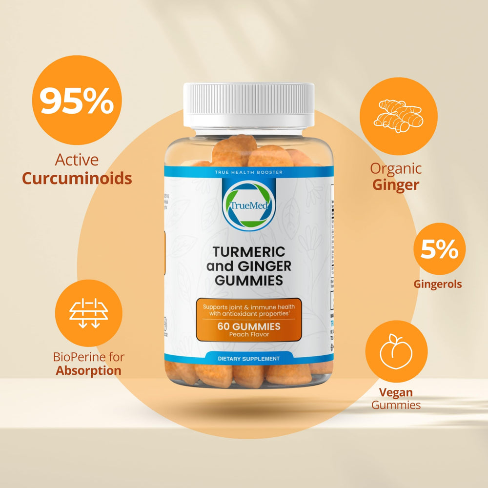TRUEMED peach-flavored gummies in bottle highlighting daily wellness