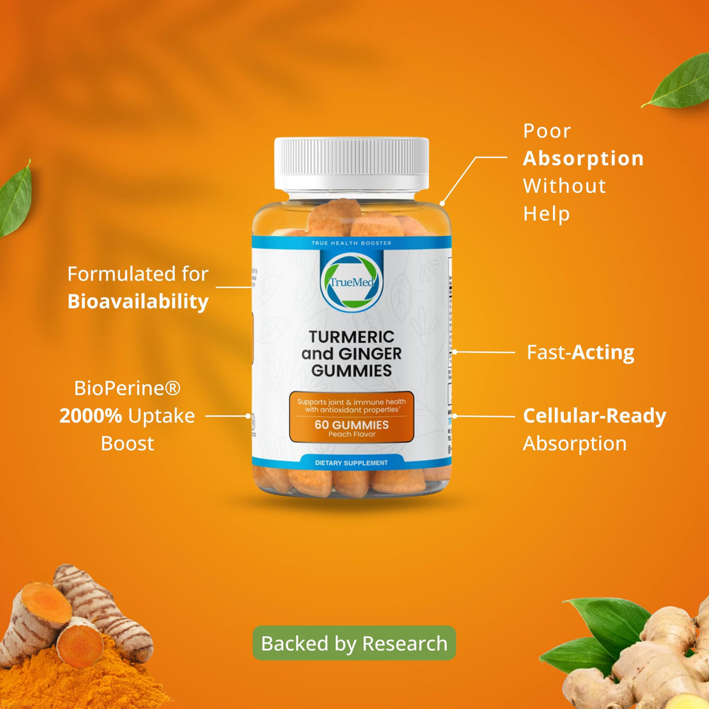 TRUEMED USA-made label on turmeric ginger gummies bottle
