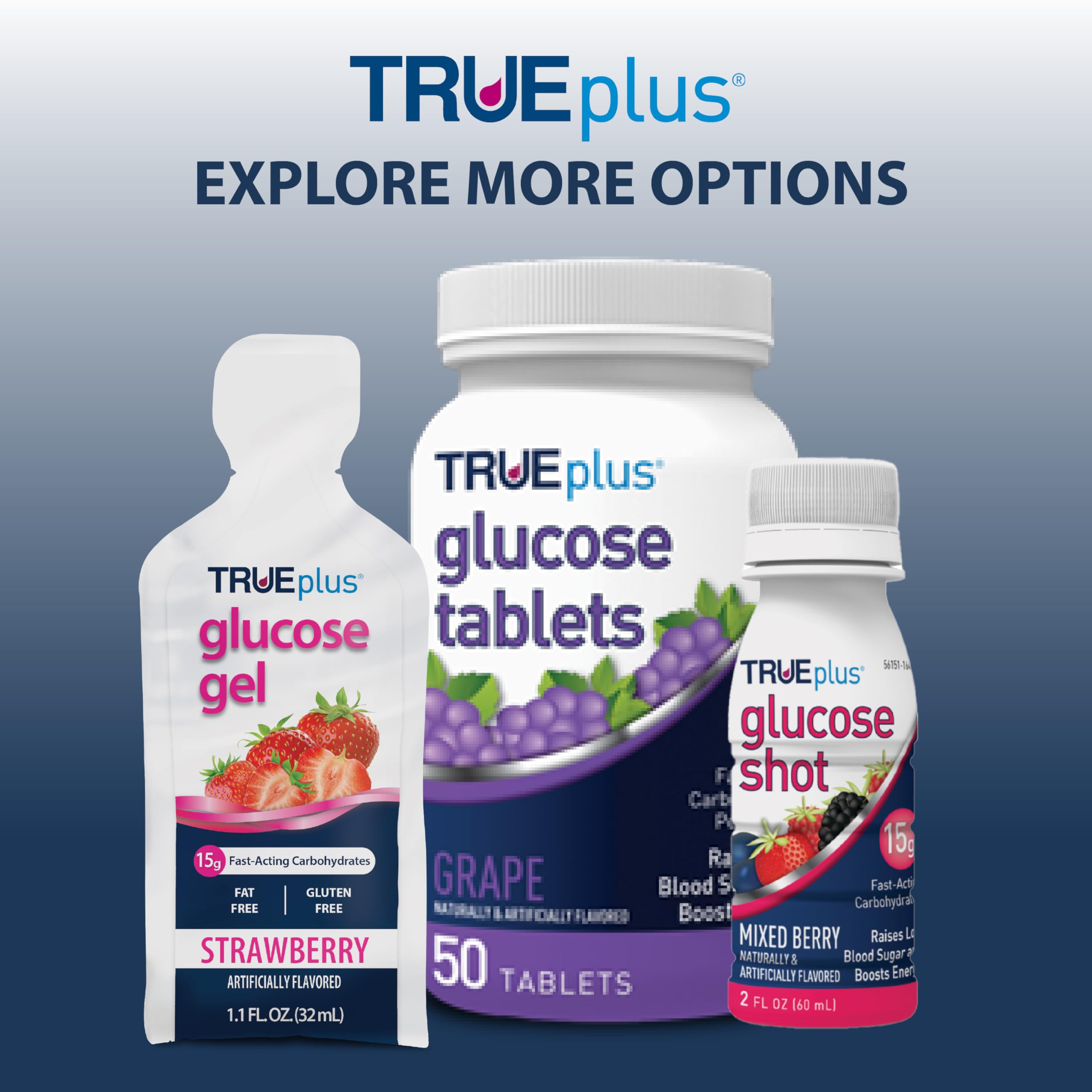 TRUEplus glucose gel 6-pack display for convenient stocking and variety.
