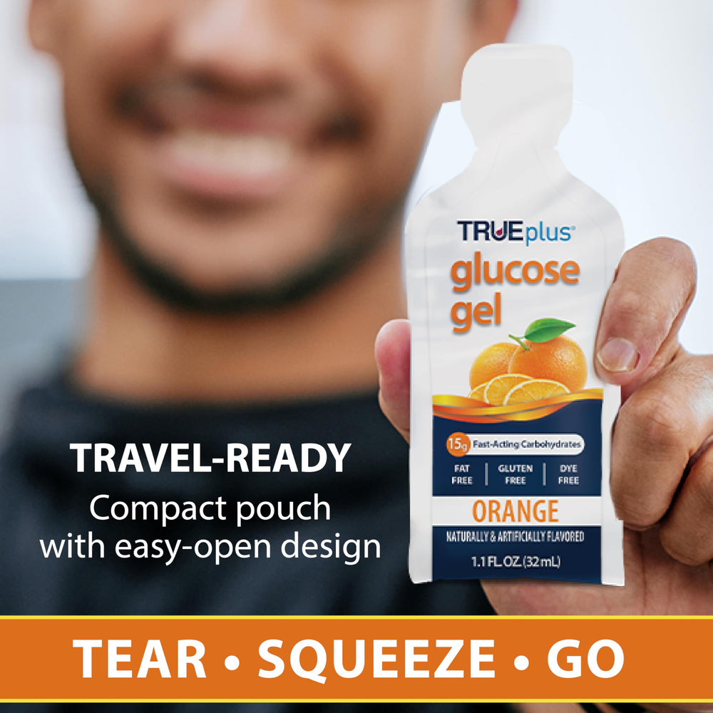 TRUEplus glucose gel on-the-go packaging fits bags and pockets for travel.