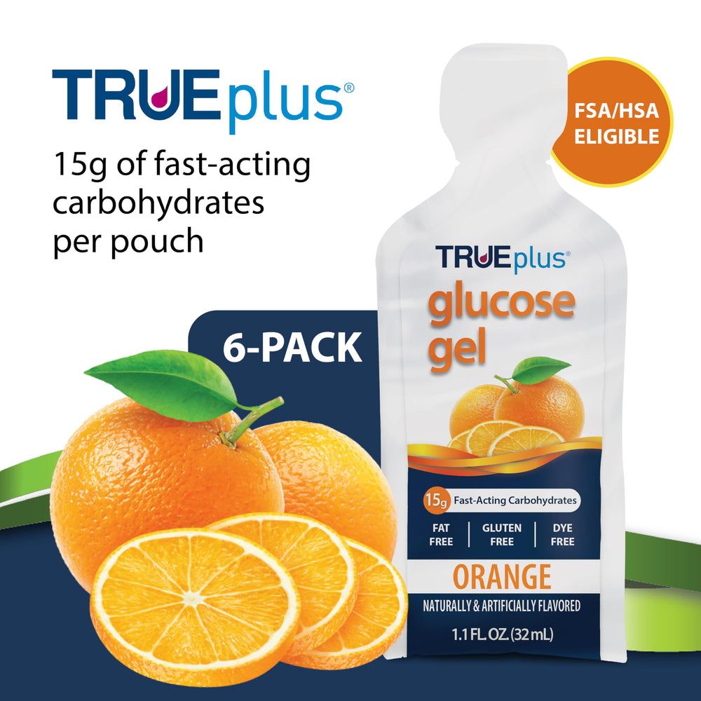 TRUEplus glucose gel orange pouch open with easy tear-tab for fast access.
