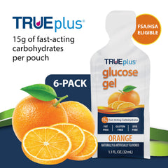 TRUEplus glucose gel orange pouch open with easy tear-tab for fast access.