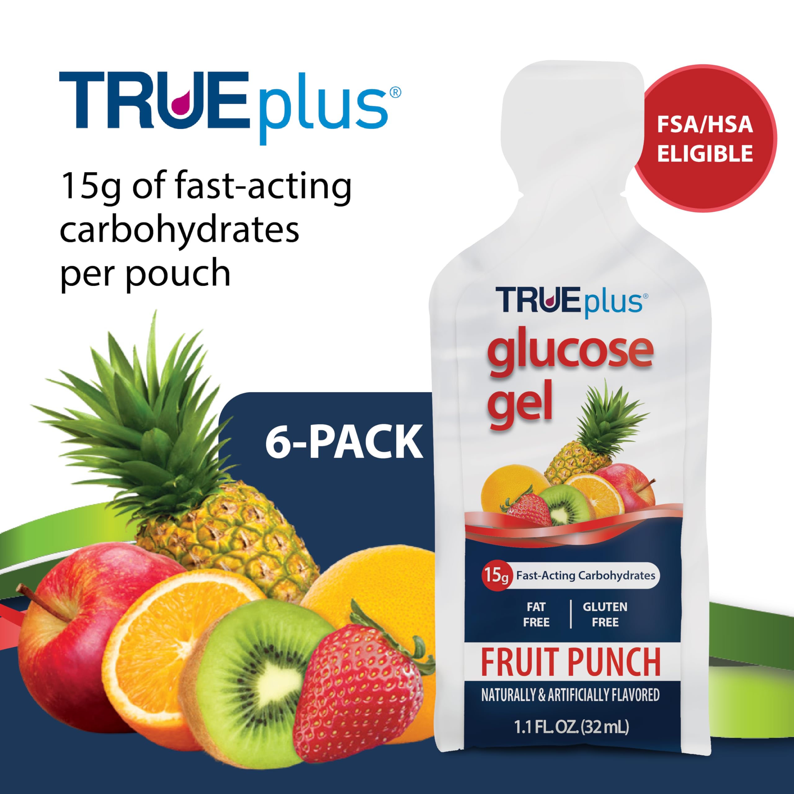 TRUEplus glucose gel pouch close-up showing smooth texture for easy swallowing.
