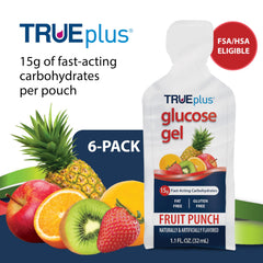 TRUEplus glucose gel pouch close-up showing smooth texture for easy swallowing.