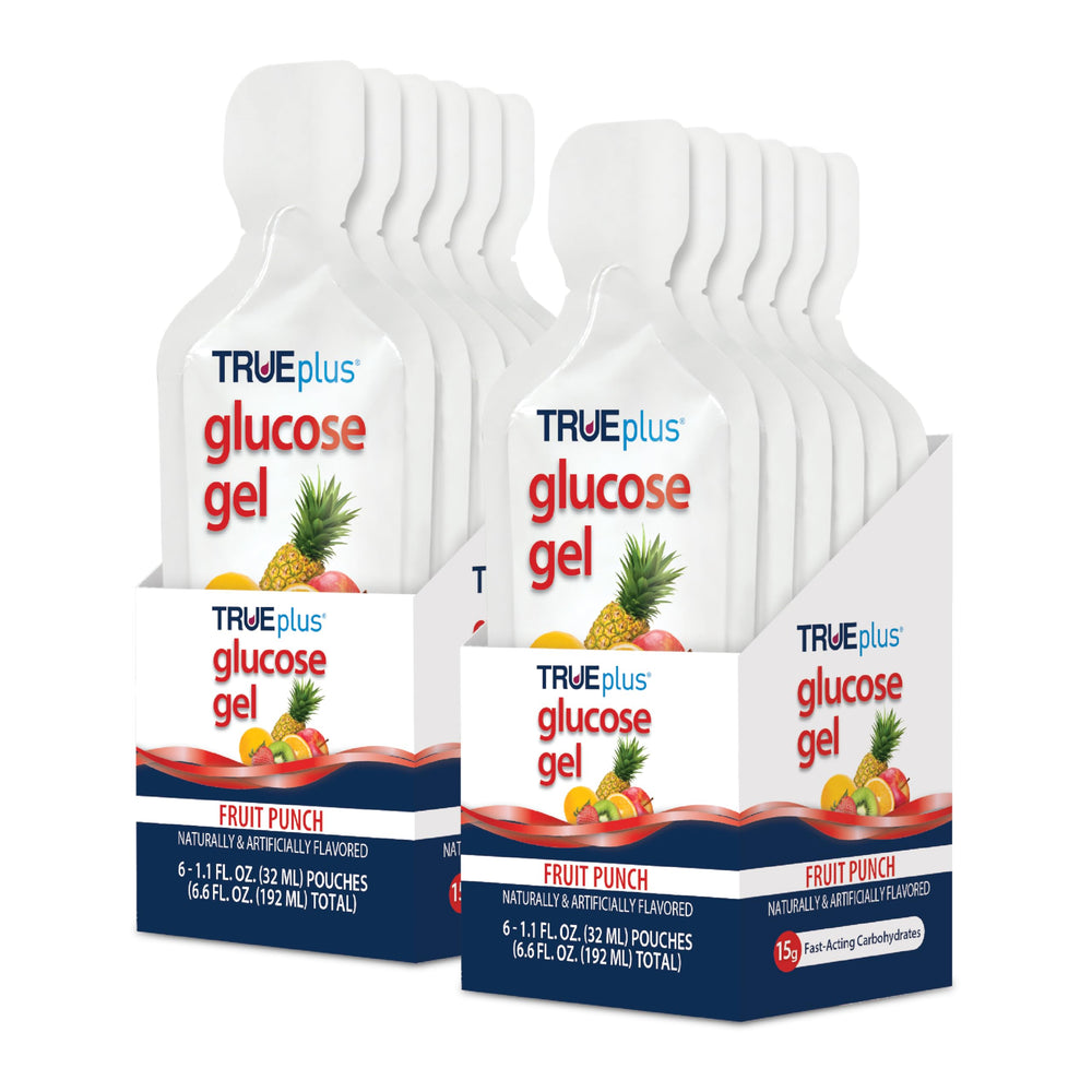 TRUEplus glucose gel pouch front view highlights compact size for on-the-go energy