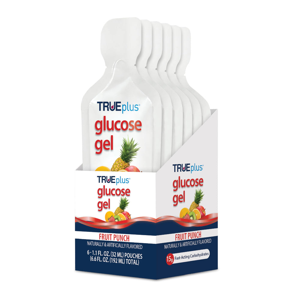 TRUEplus Glucose Gel Pouch Fruit Punch front view with 15g fast-acting carbs for quick energy.