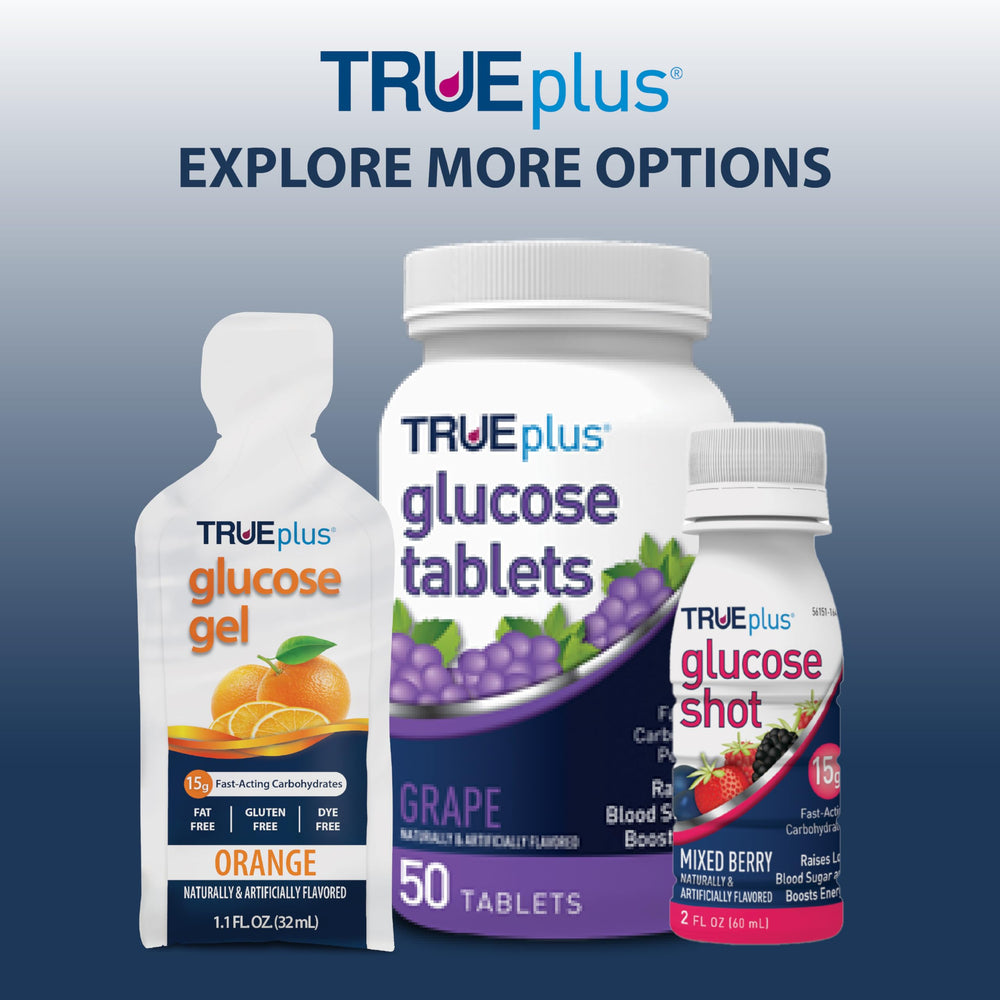 TRUEplus glucose gel pouch fruit punch nutrition label highlights gluten-free and fat-free attributes
