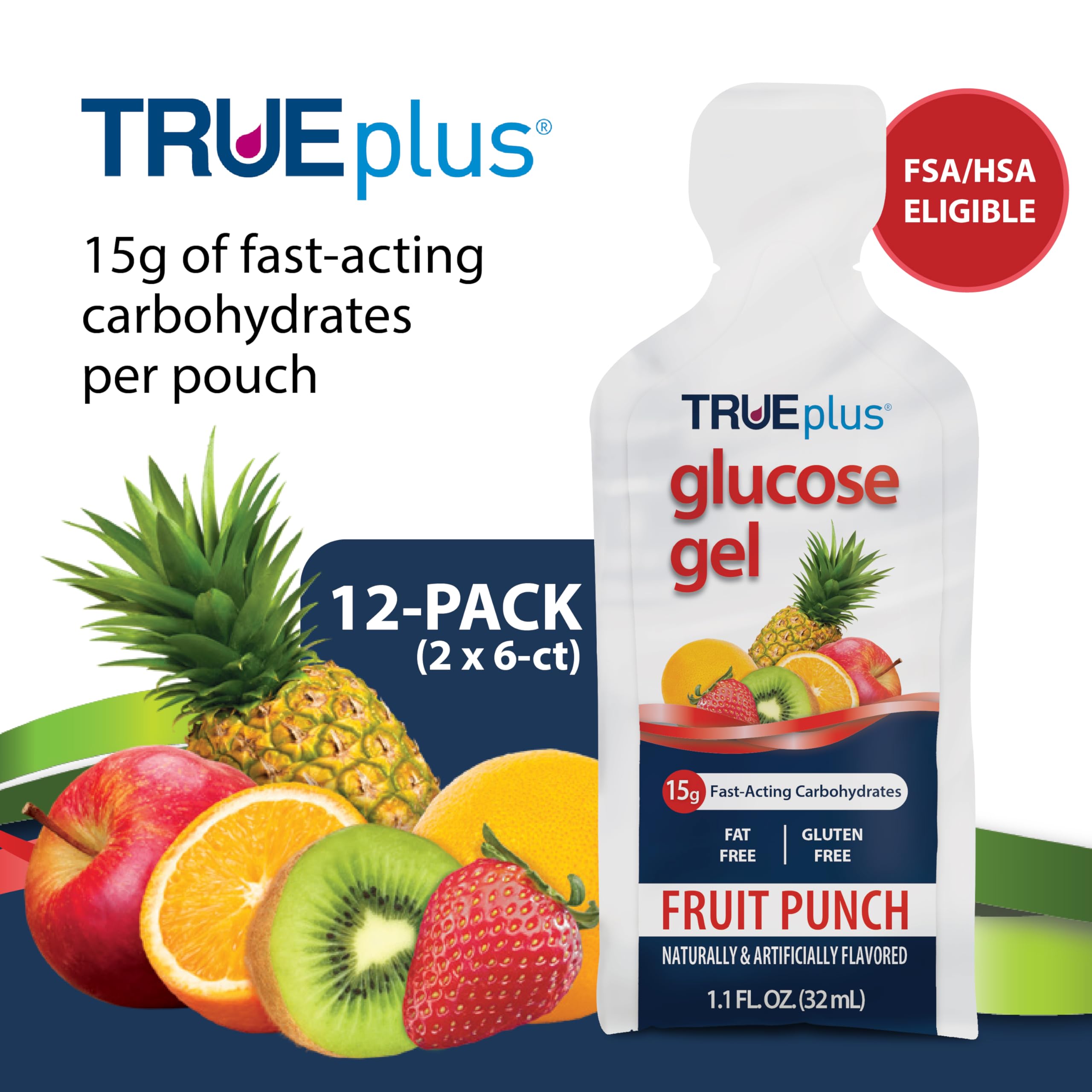 TRUEplus glucose gel pouch packaging shows convenient tear-and-squeeze design for quick use
