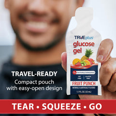 TRUEplus glucose gel pouch fruit punch pour demonstrates smooth texture in a single sip
