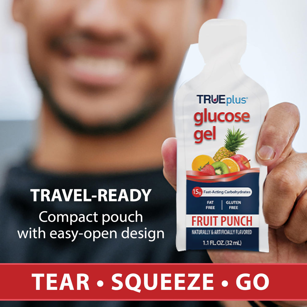 TRUEplus Glucose Gel Pouch packaging highlights gluten-free and fat-free notes.