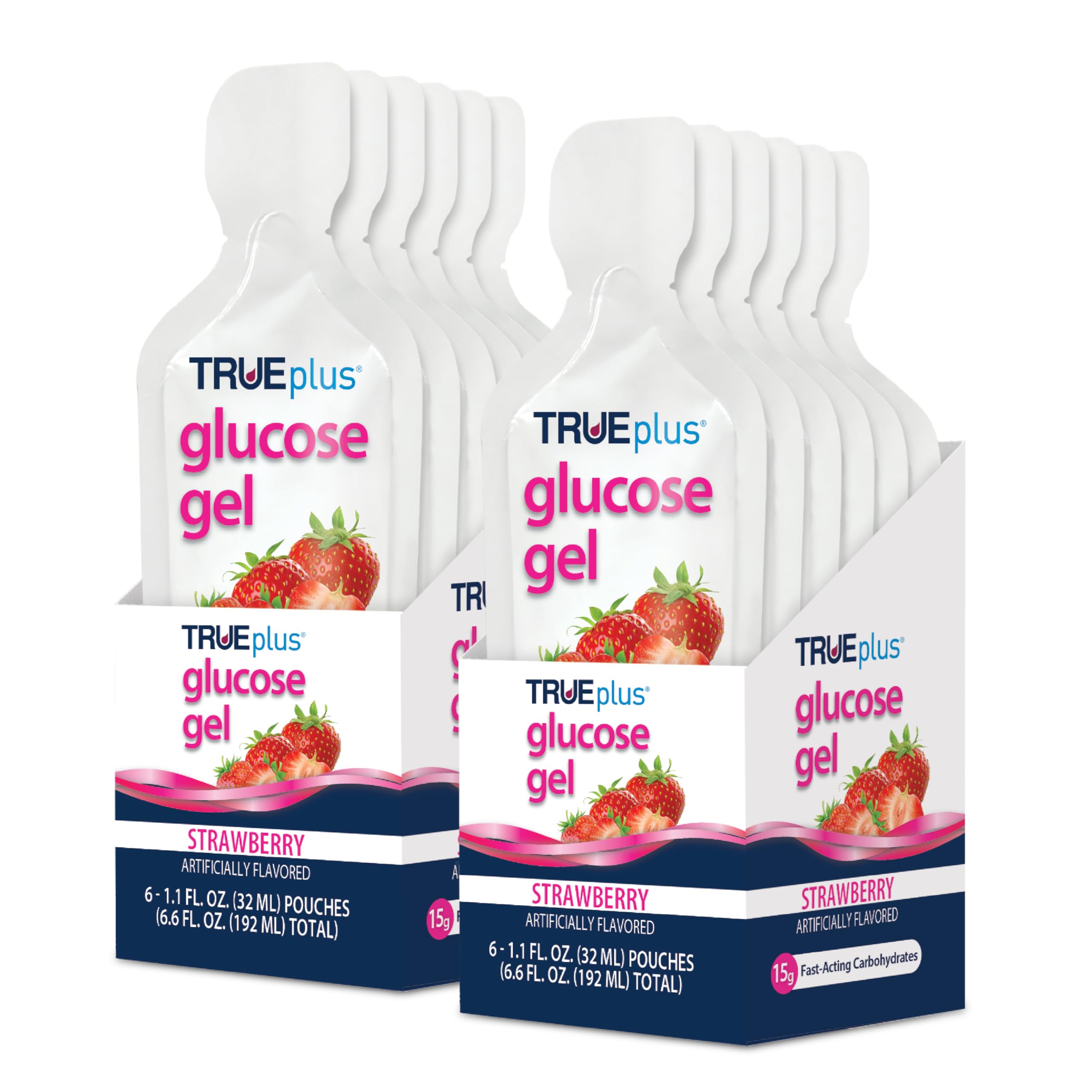 TRUEplus Glucose Gel Pouch in strawberry flavor for quick energy on the go.