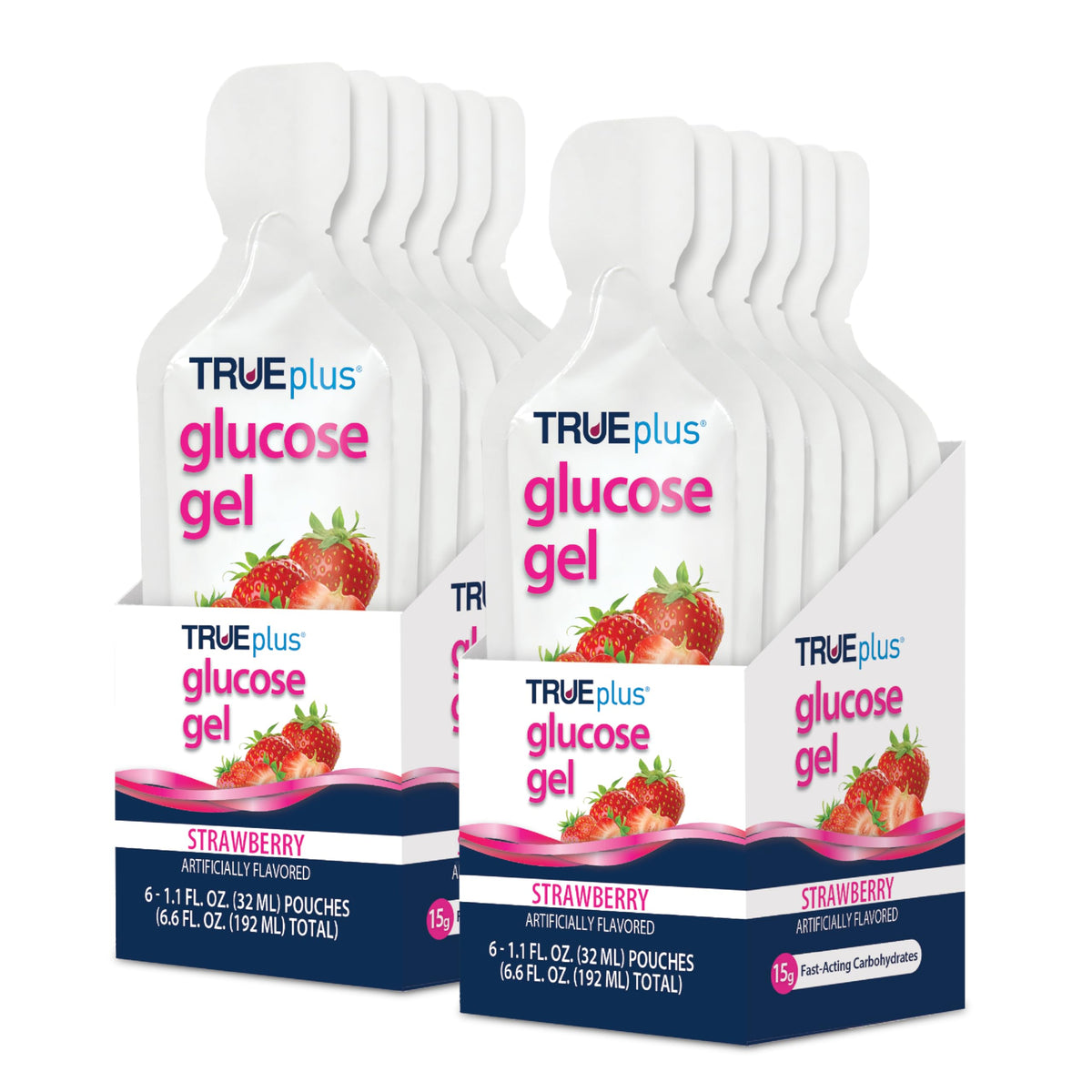 TRUEplus Glucose Gel Pouch in strawberry flavor for quick energy on the go.