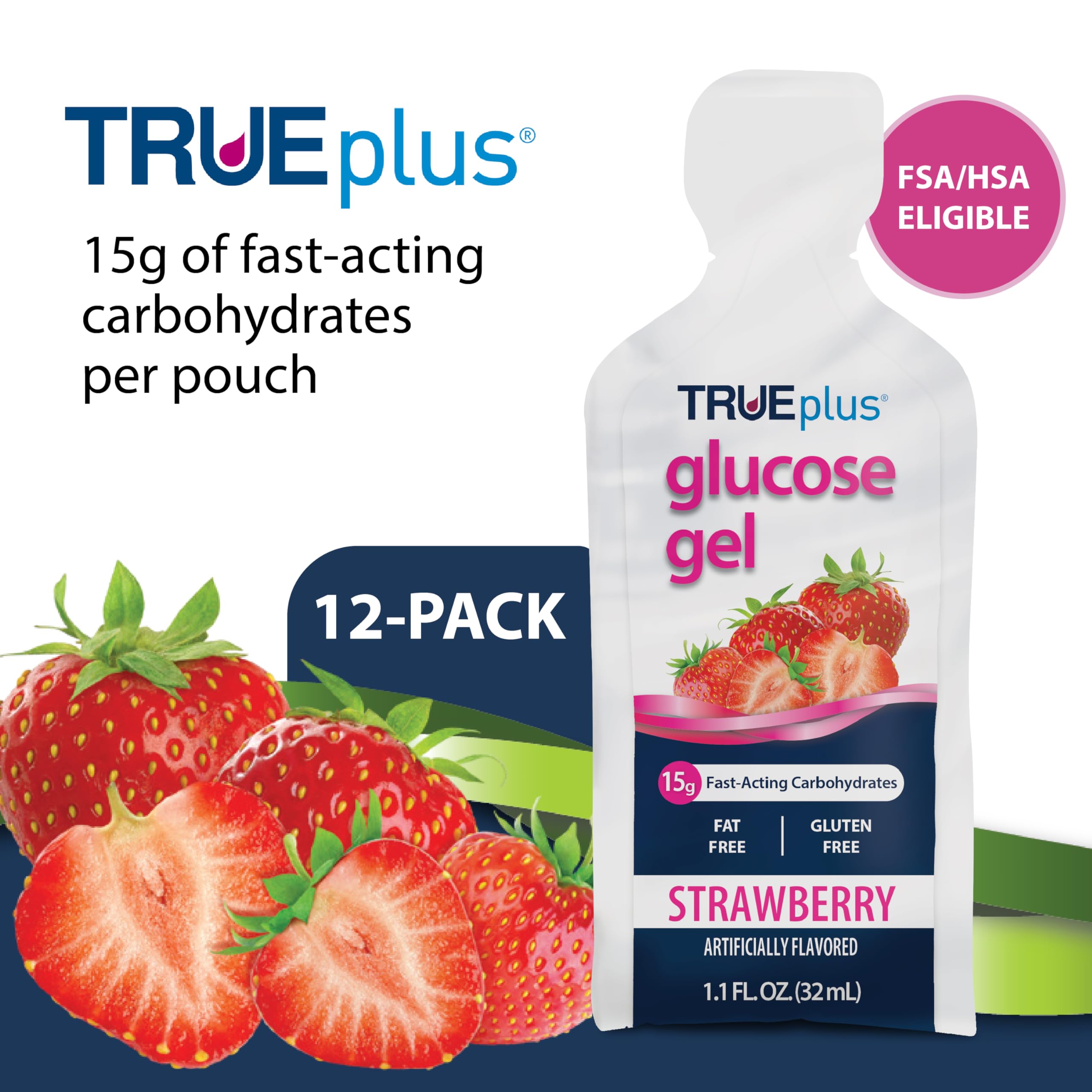 Close-up of tear-tab opening on a TRUEplus glucose gel pouch.
