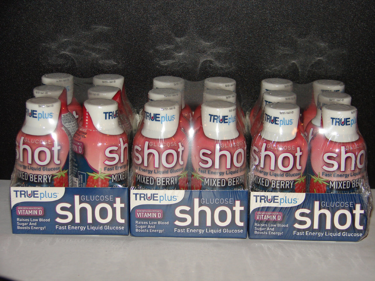 TRUEplus glucose liquid shot in mixed berry flavor for quick energy on the go.