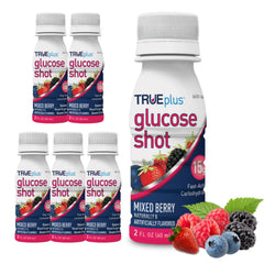 TRUEplus Glucose Shots mixed berry bottle on countertop for quick energy.