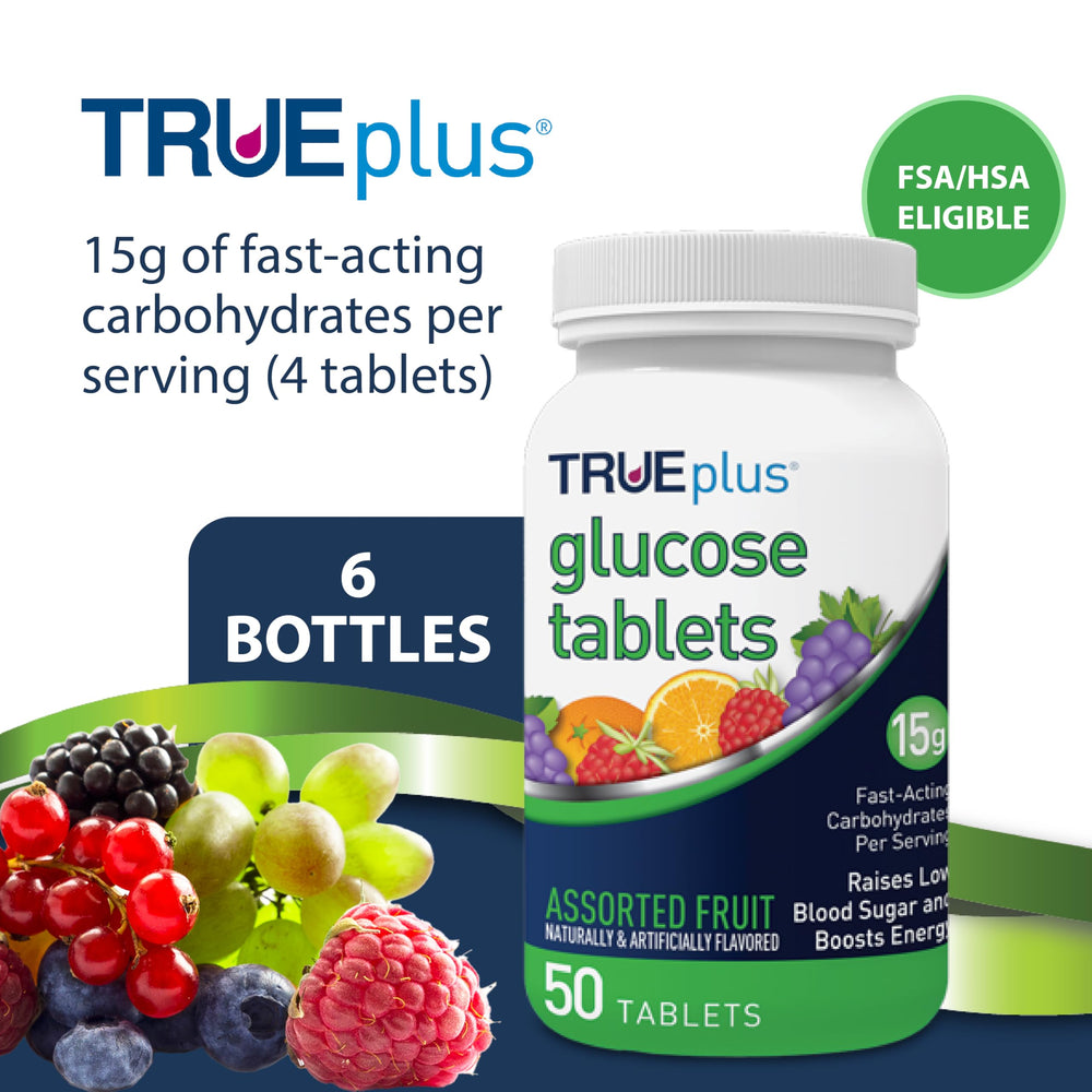 TRUEplus glucose tablets bottle back showing nutrition facts for informed use