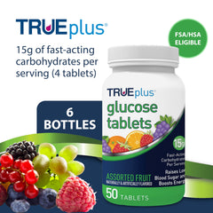 TRUEplus glucose tablets bottle back showing nutrition facts for informed use
