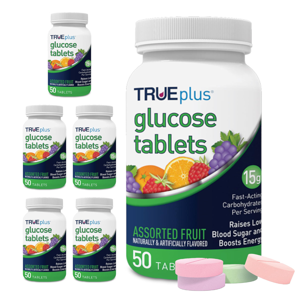TRUEplus glucose tablets bottle front with packaging for quick energy on the go