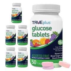 TRUEplus glucose tablets bottle front with packaging for quick energy on the go