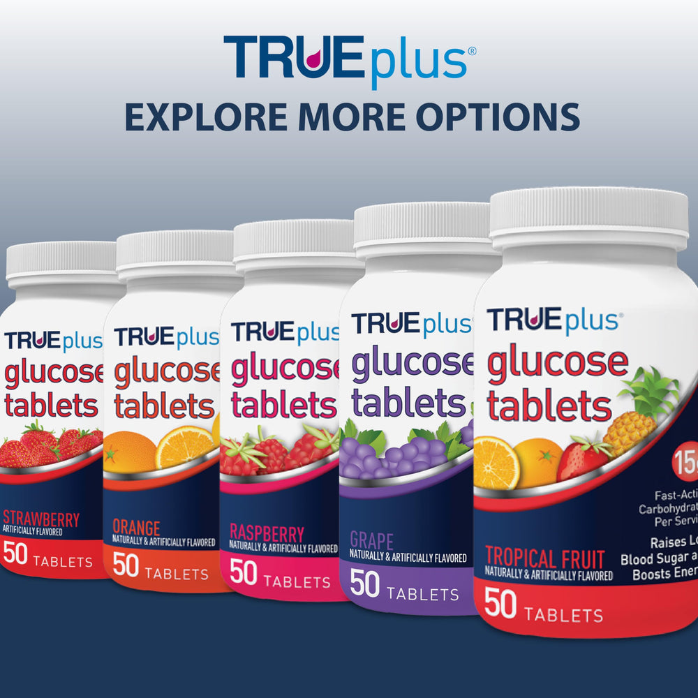 TRUEplus glucose tablets close-up showing individual tablets for quick use