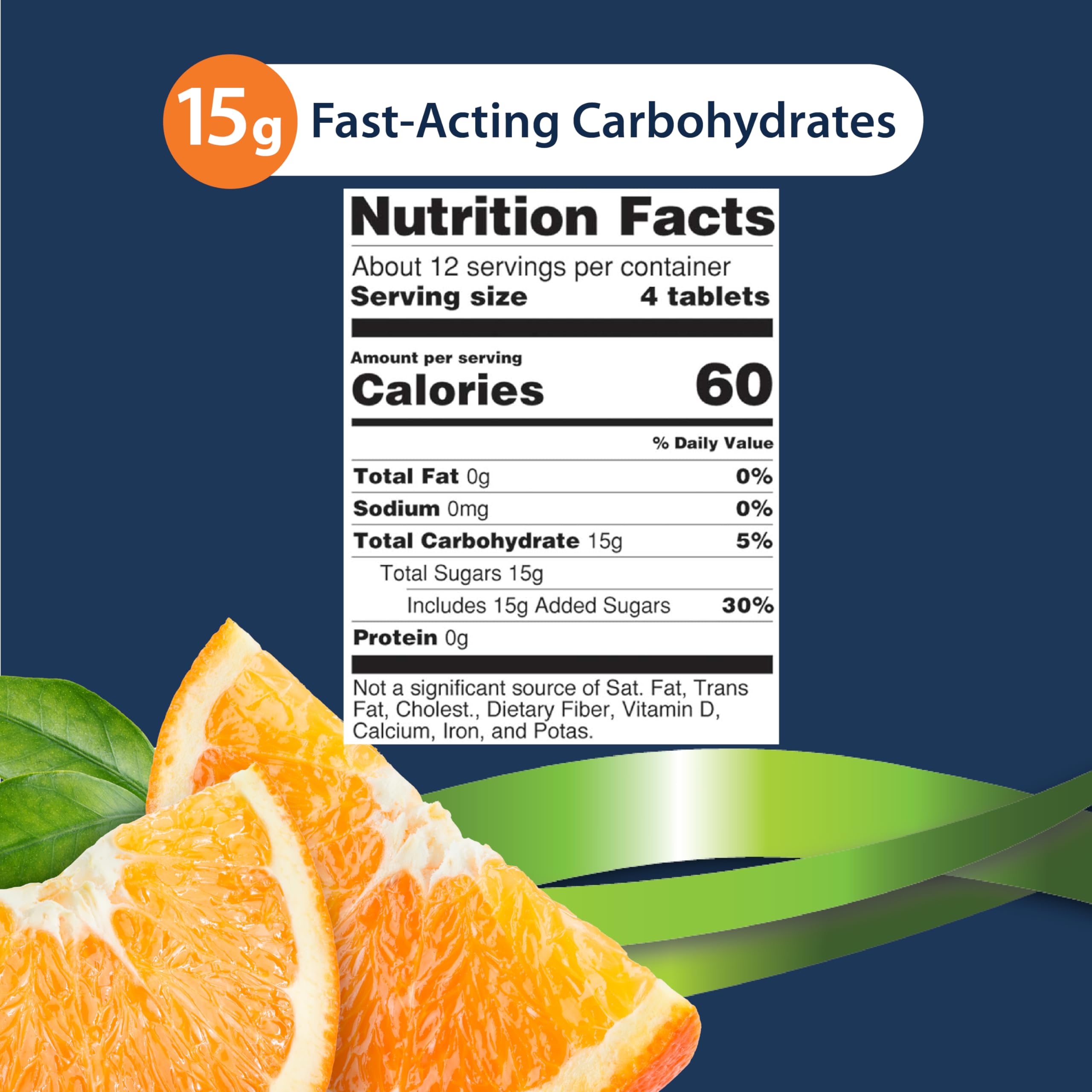 TRUEplus orange glucose tablets bottle label highlighting gluten-free and fat-free features.