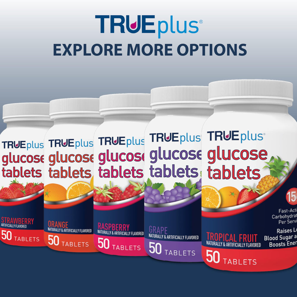 TRUEplus orange glucose tablets on kitchen counter for storage.