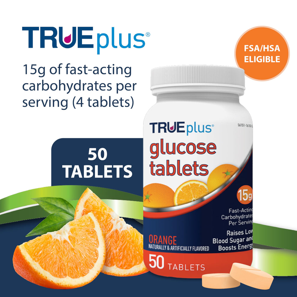 TRUEplus orange glucose tablets spilled from bottle for quick energy on the go.