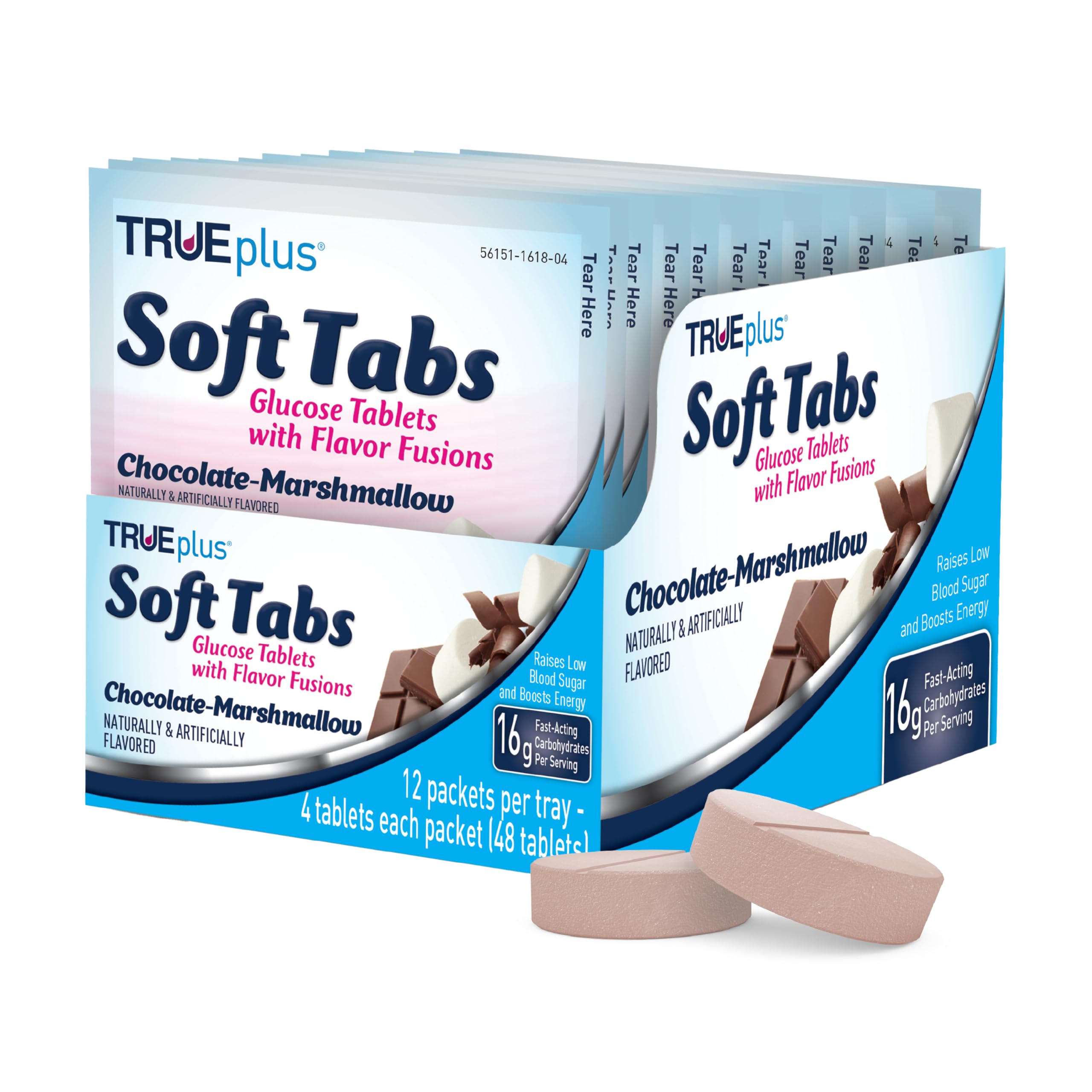 TRUEplus Soft Tabs glucose tablets in chocolate marshmallow pack.