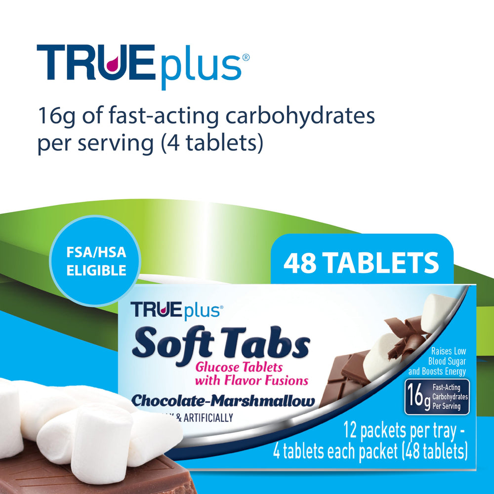 TRUEplus Soft Tabs close-up of chocolate marshmallow tablets for fast energy.