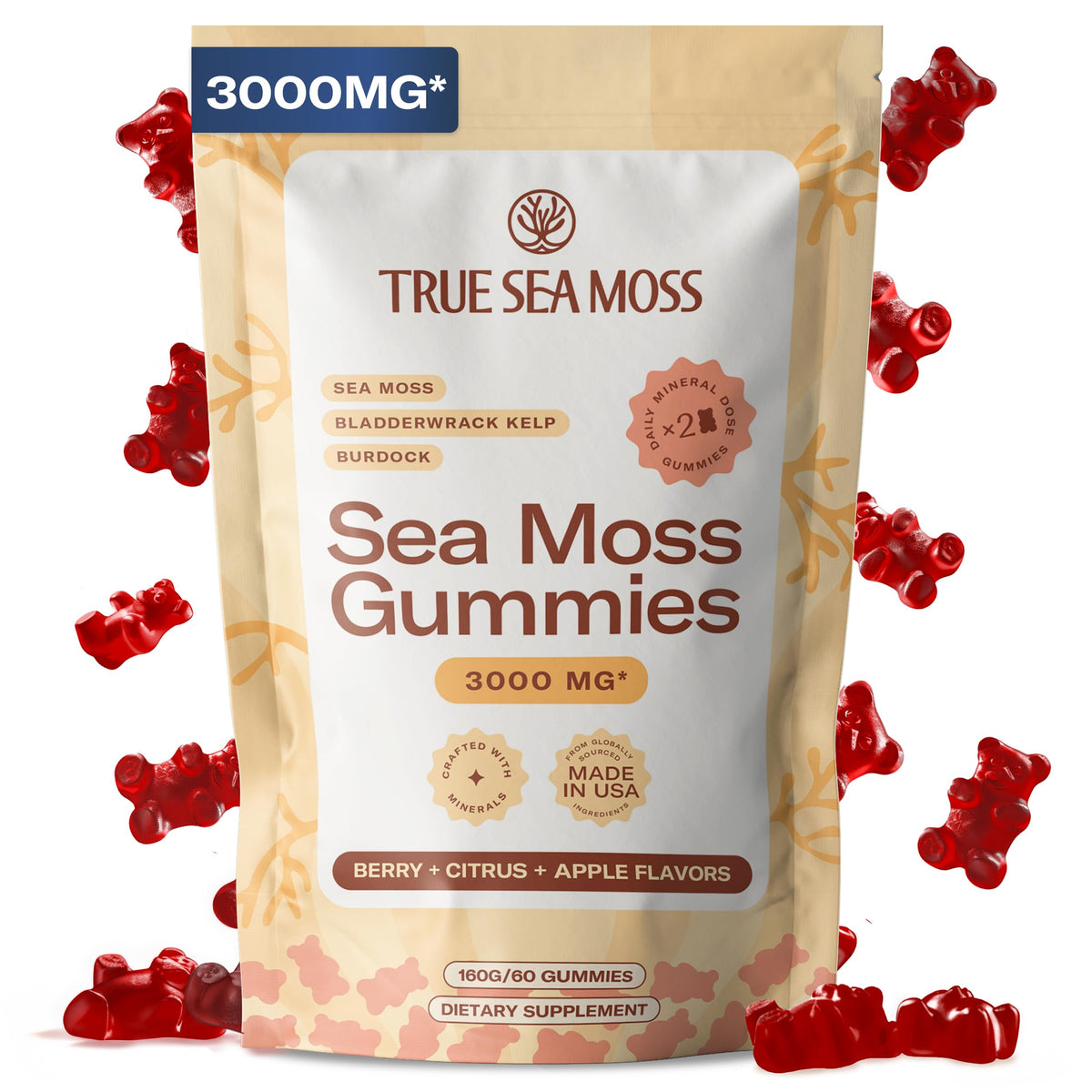 TrueSeaMoss Gummies 3000mg bottle front highlights concentrated sea moss formula for daily health