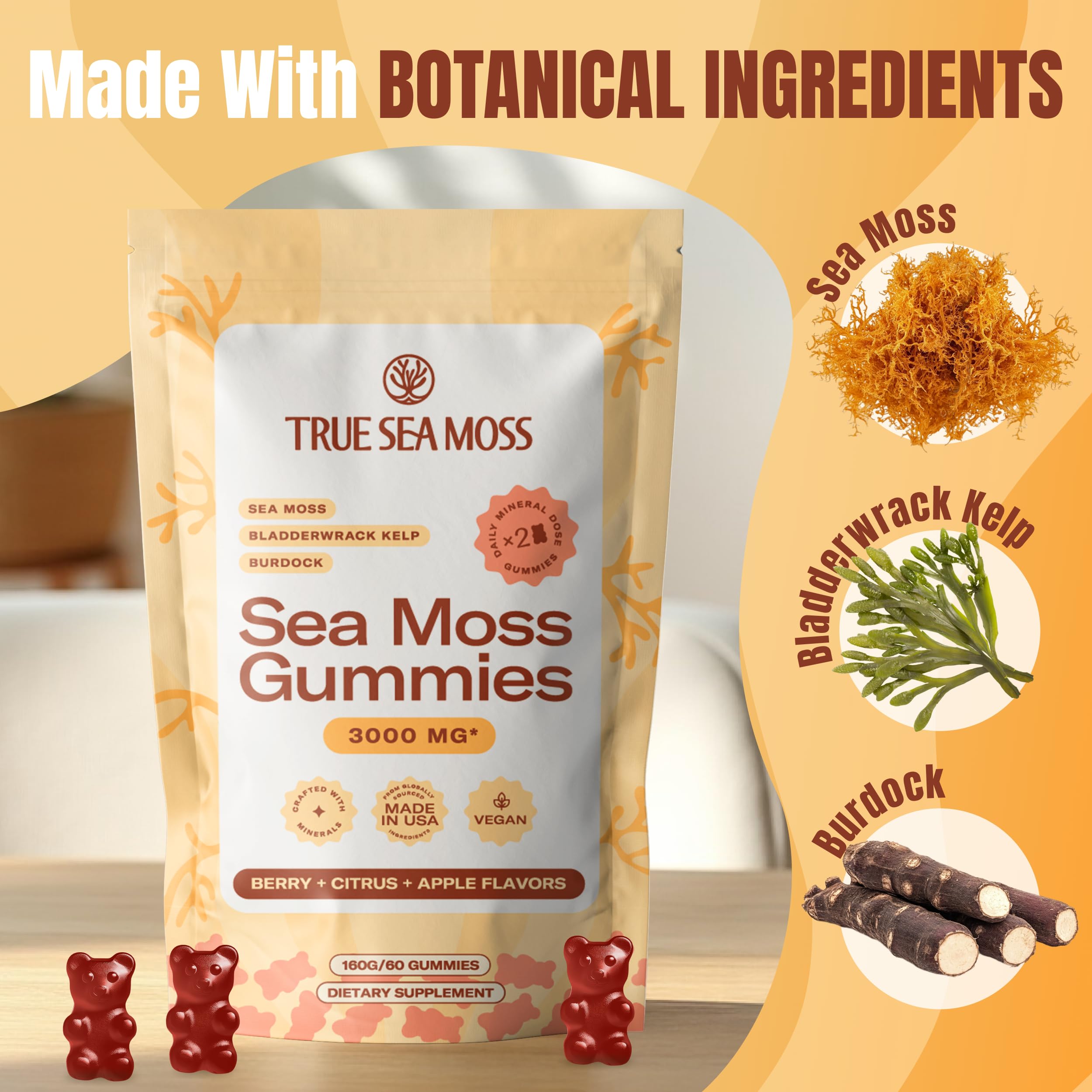 TrueSeaMoss Gummies fruity flavor visual suggests berry, citrus, and apple notes for enjoyment
