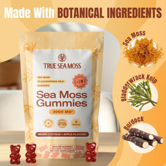 TrueSeaMoss Gummies fruity flavor visual suggests berry, citrus, and apple notes for enjoyment