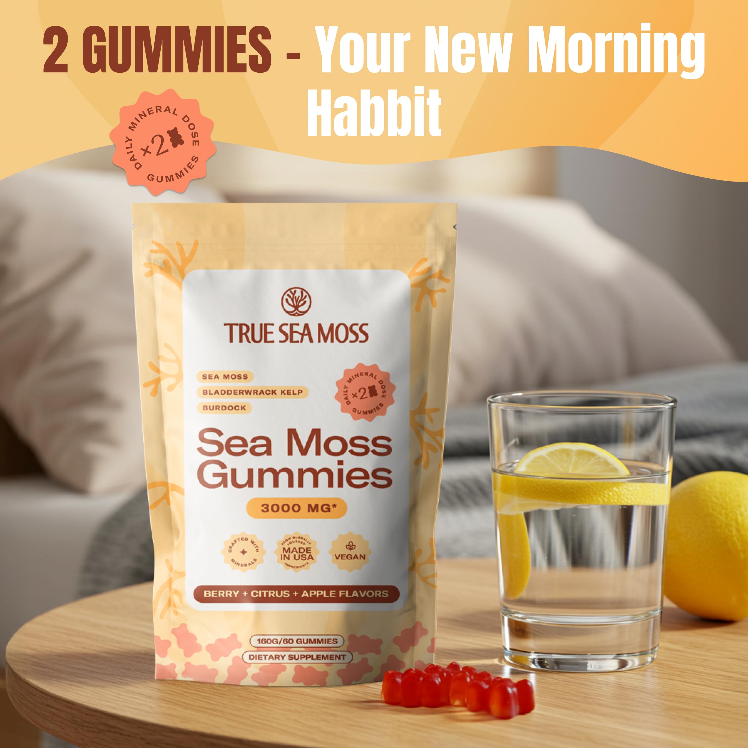 TrueSeaMoss Gummies serving close-up highlights easy daily portion in hand