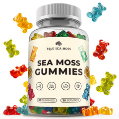 TrueSeaMoss gummies bottle with label showing Irish sea moss blend for daily wellness.