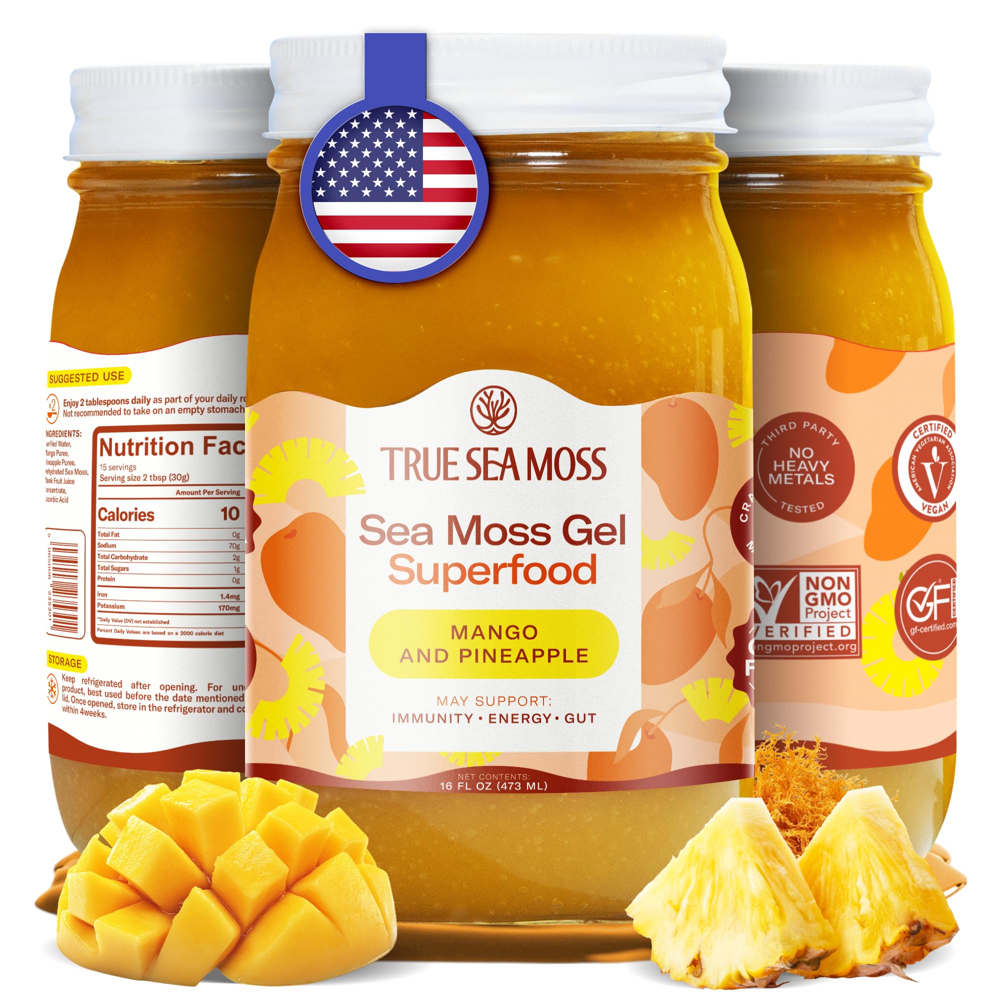 TrueSeaMoss mango-pineapple gel ready to blend in smoothies