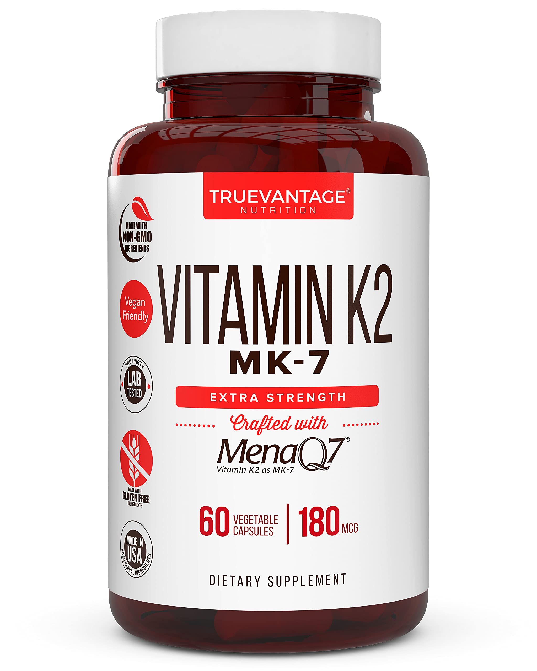Truevantage Nutrition Vitamin K2 MK-7 bottle with easy-to-swallow capsules for bone support