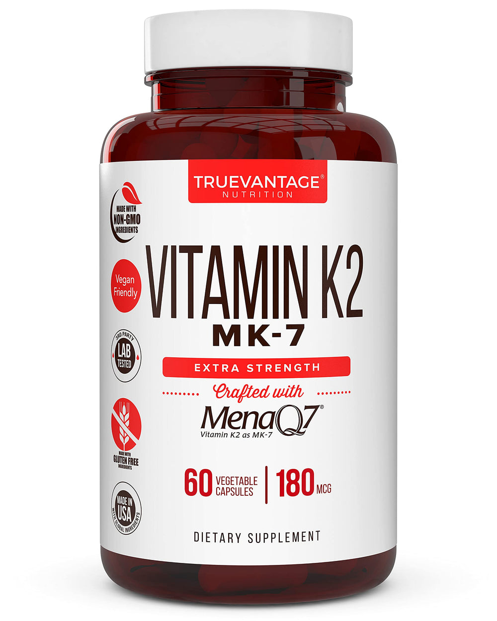 Truevantage Nutrition Vitamin K2 MK-7 bottle with easy-to-swallow capsules for bone support