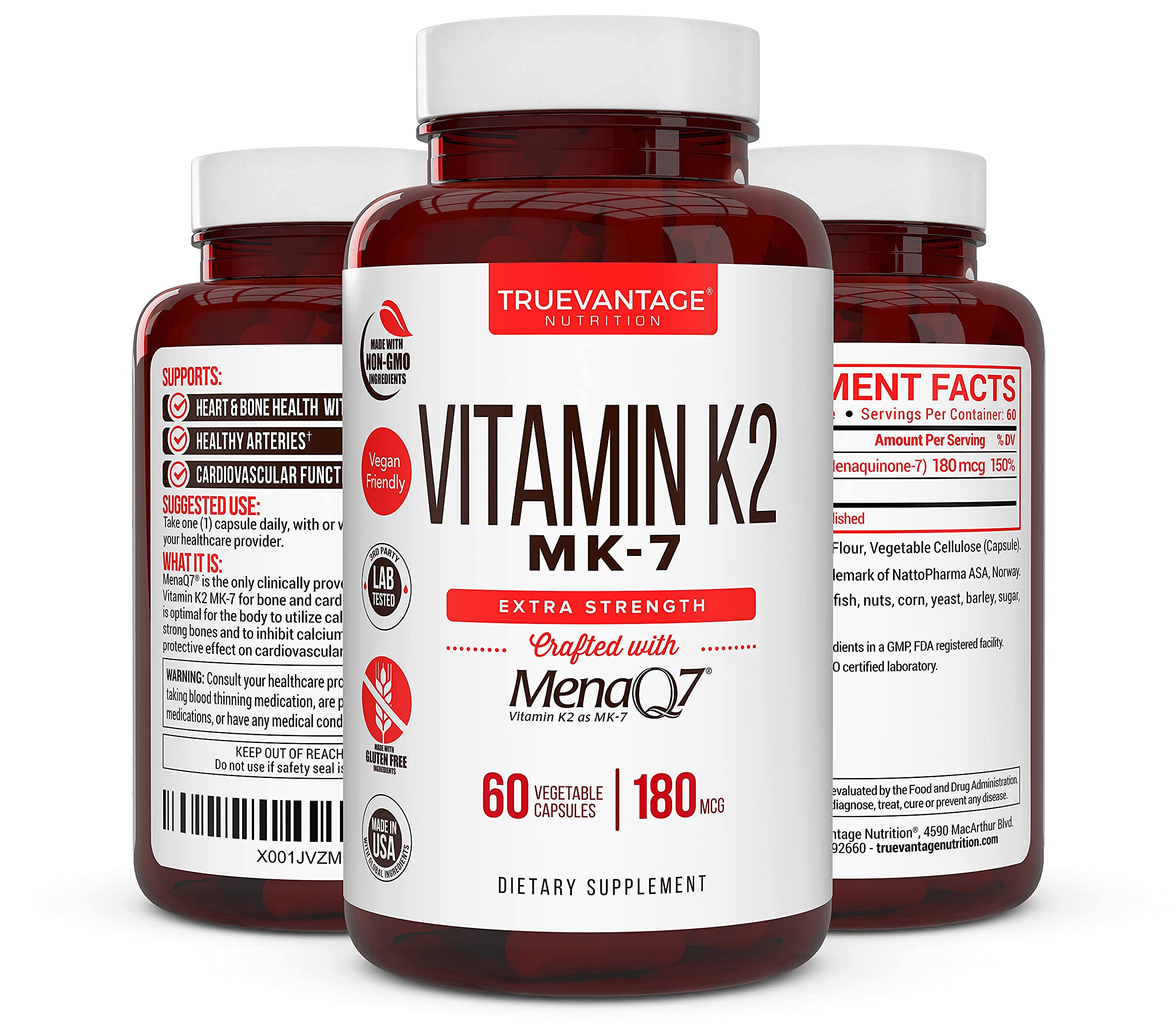 Ingredients panel of Truevantage Vitamin K2 MK-7 highlighting 180 mcg dosage