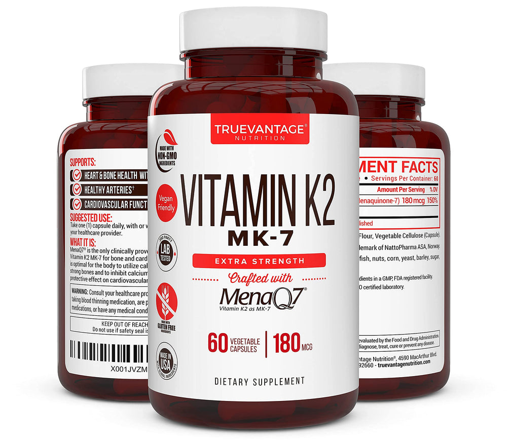 Ingredients panel of Truevantage Vitamin K2 MK-7 highlighting 180 mcg dosage