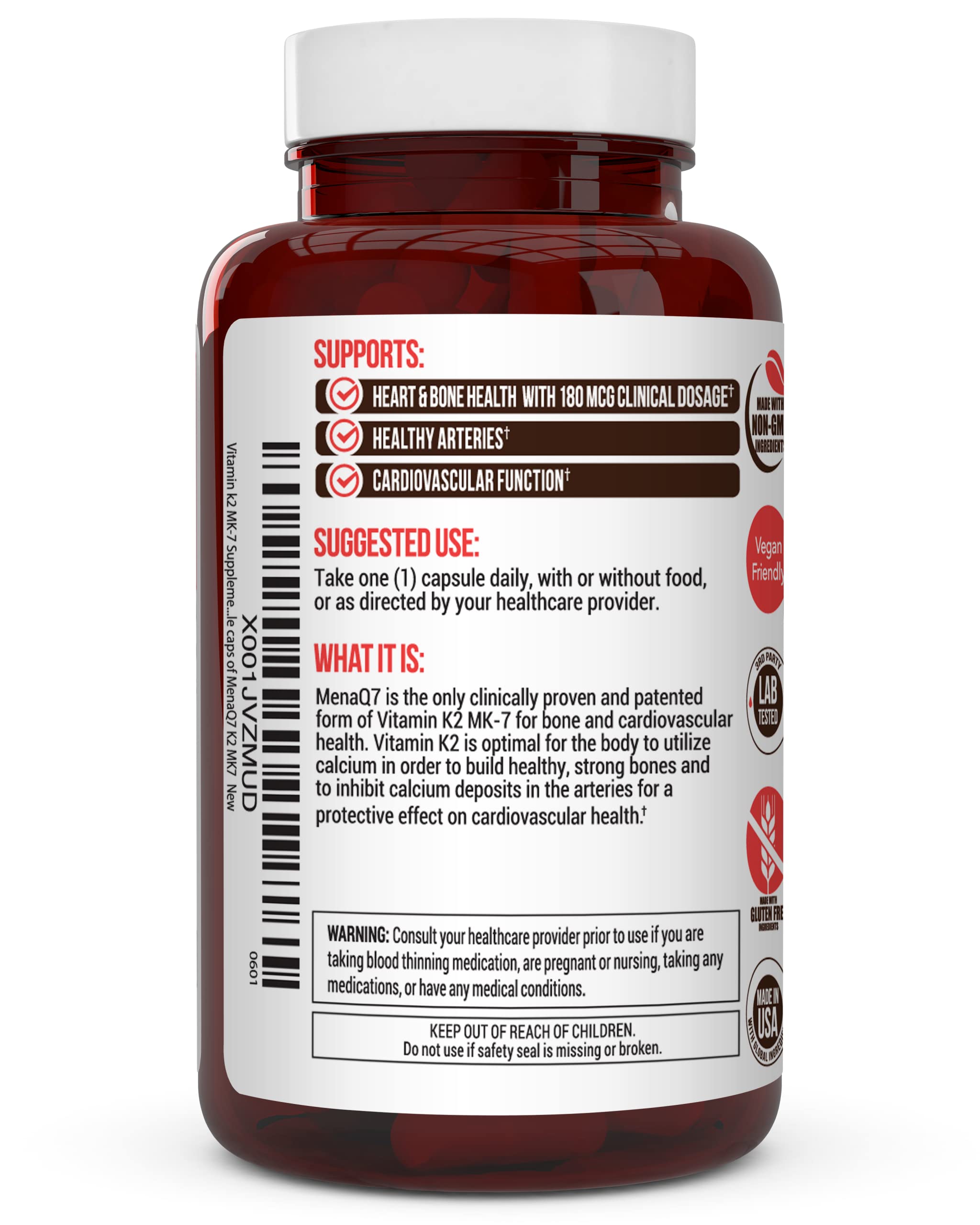 Label close-up showing gluten-free and GMO-free quality of Truevantage K2 MK-7