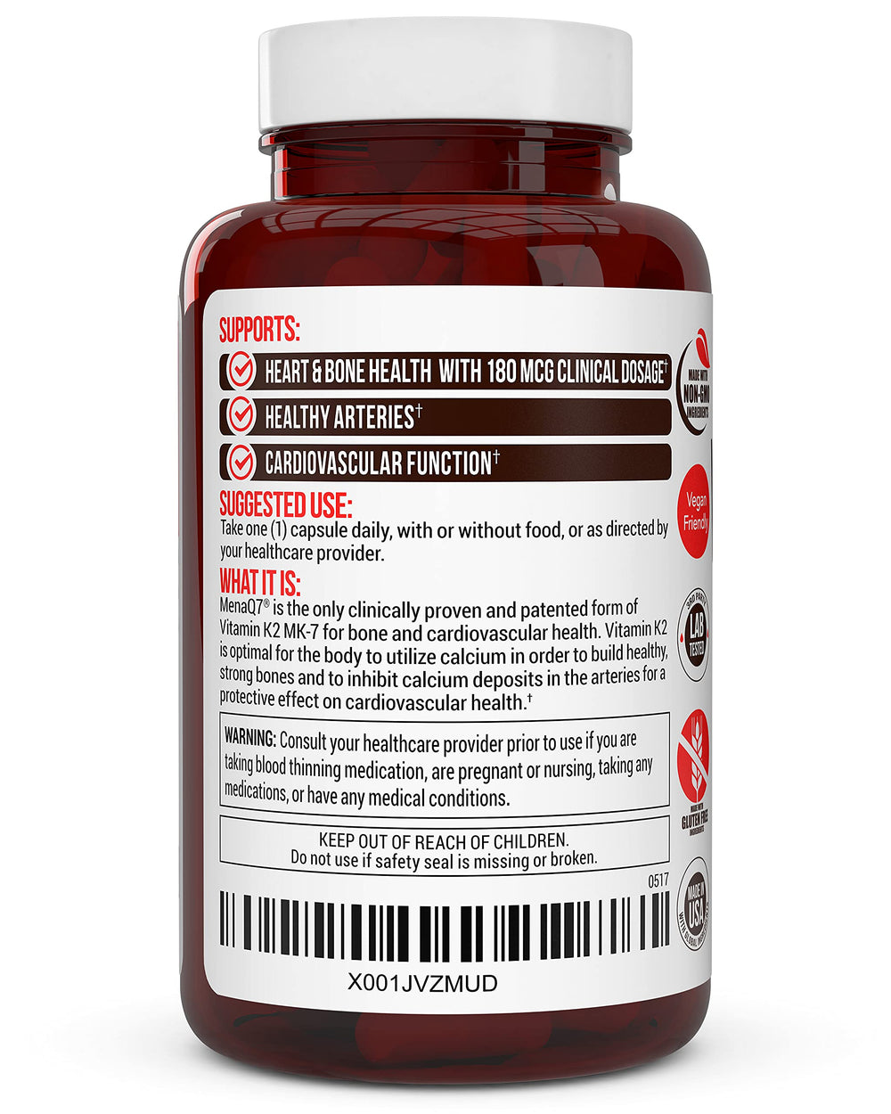 USA-made mark on Truevantage Vitamin K2 MK-7 bottle for GMP production