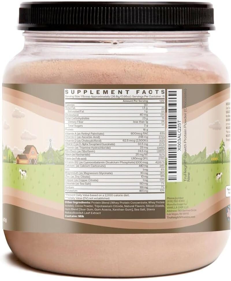 TruHeight chocolate powder canister showing nutrition panel for kids.
