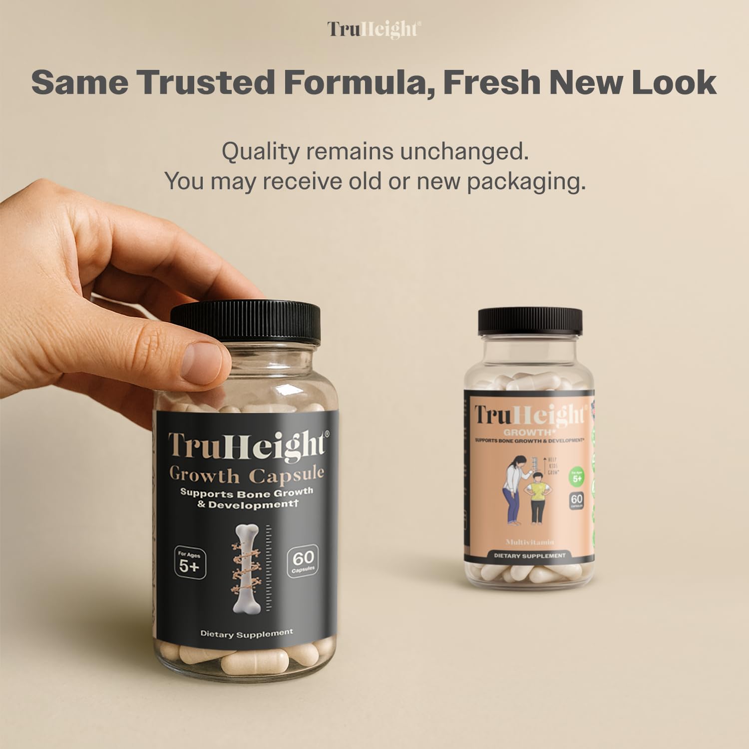TruHeight capsules with ashwagandha highlight natural blend for growth support.