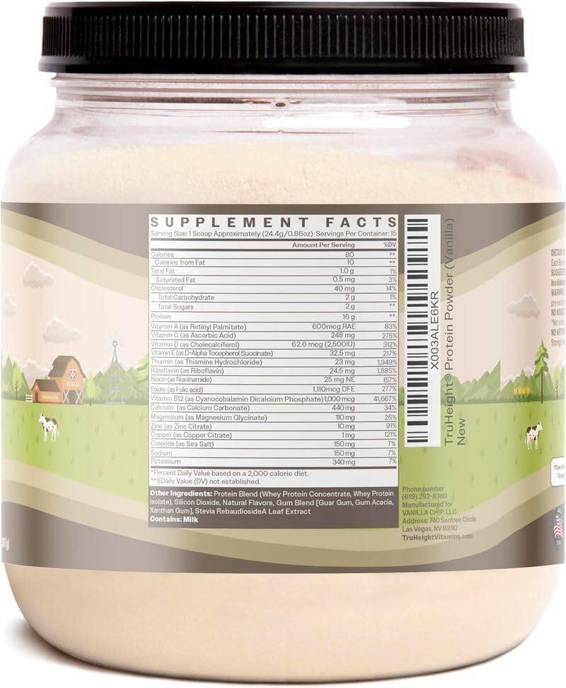 TruHeight growth shake bottle front shows vanilla flavor and nutrition