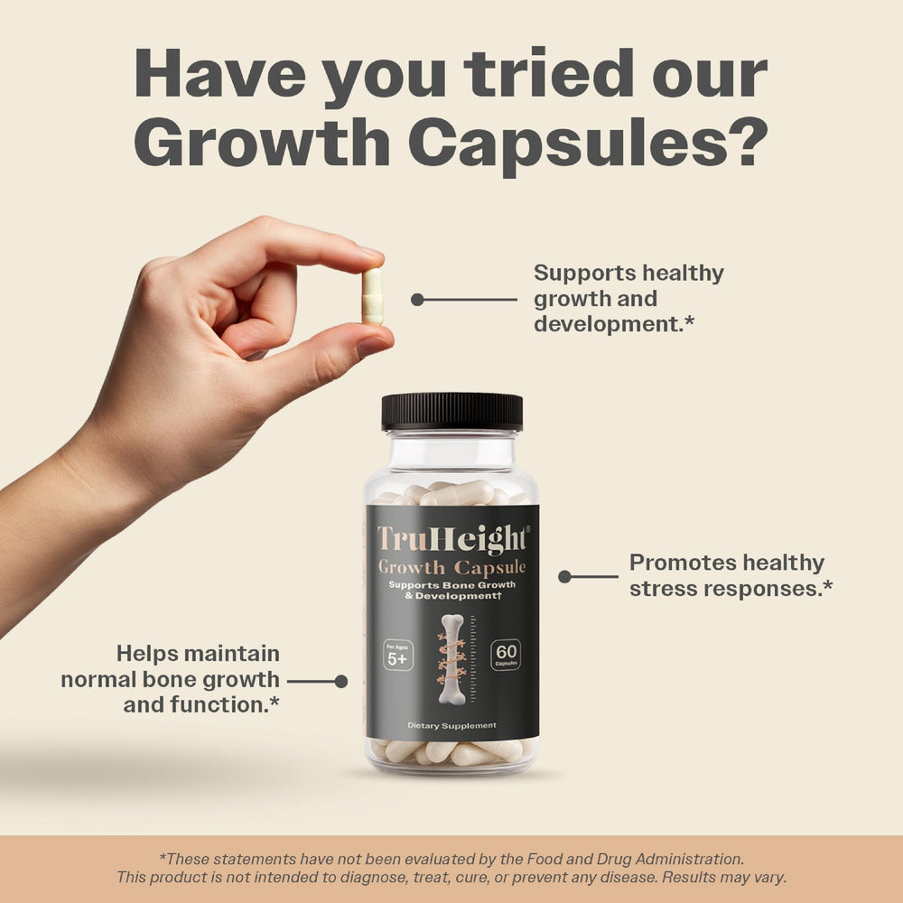 Child taking a TruHeight pill beside the supplement bottle for daily use.