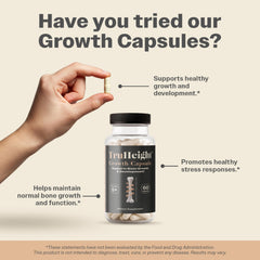 Child taking a TruHeight pill beside the supplement bottle for daily use.