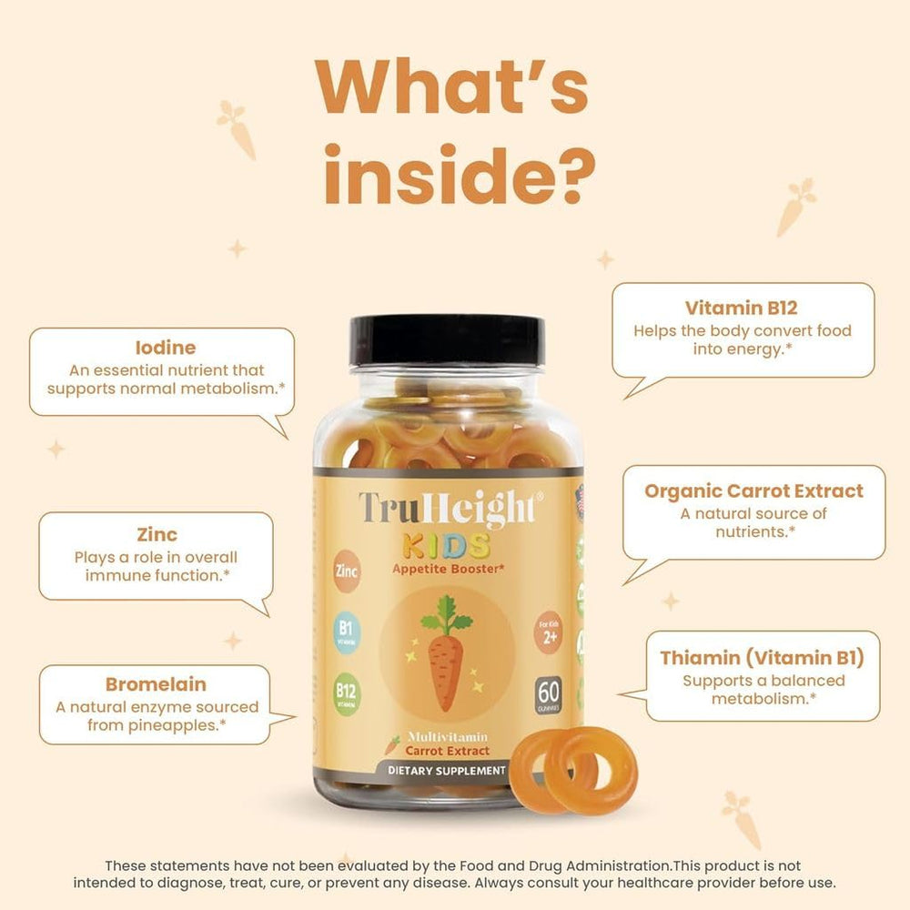 TruHeight Kids Appetite Booster Gummies nutrition label view highlighting vitamins and fiber.